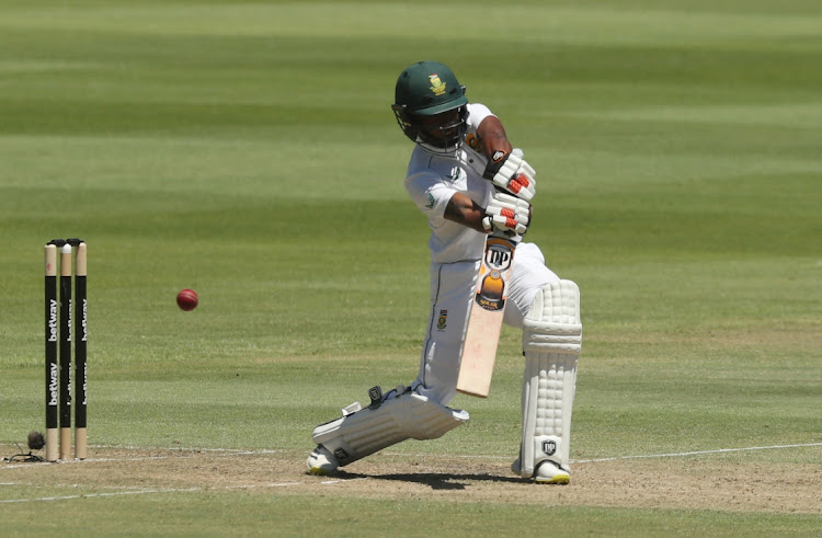 Keegan Petersen drives lustily at Newlands in the deciding Test against India.