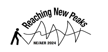 The 2024 NE/AER Conference logo depicting the silhouette of a person with a white cane and the title, Reaching New Peaks, arching across the top. The projected sweeping pattern of the white cane as the person walks forward is reminiscent of mountain peaks.