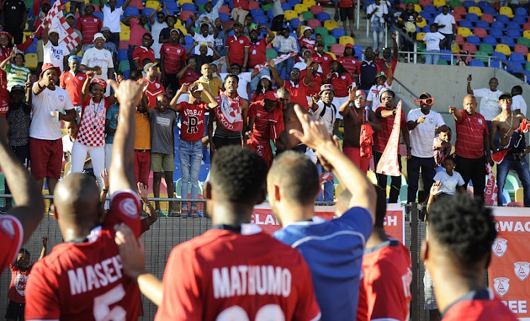 Free State Stars supporters celebrating their 3-2 win over Bloemfontein Celtics during the Absa Premiership match between Bloemfontein Celtic and Free State Stars at Dr Molemela Stadium on February 24, 2019 in Bloemfontein, South Africa.