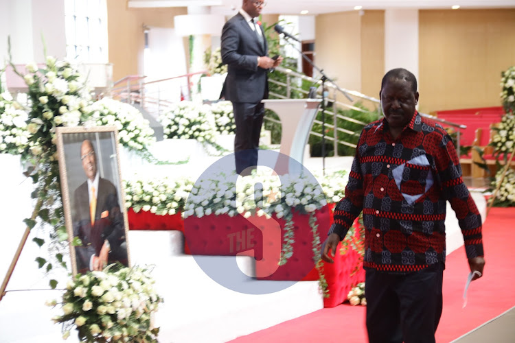 Former Prime Minister, Raila Odinga at the memorial service of industrialist Chris Kirubi at the Faith Evangelistic Ministry (FEM) church in Karen. June 18, 2021