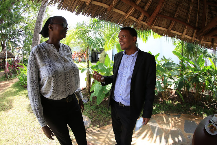 Joyce Owino and Eahete Dejen at the Whitesands Beach Hotel in Mombasa on Wednesday.