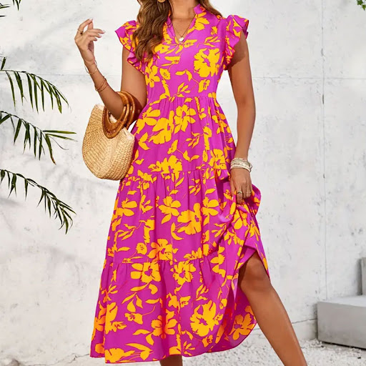 Title 4, Ruffled Vacation Style Sleeveless Printed Dress