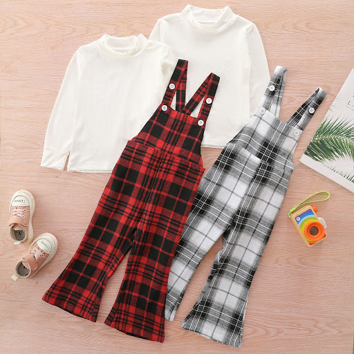 Title 3, Two Piece Set Round Neck Top and Plaid Suspende...