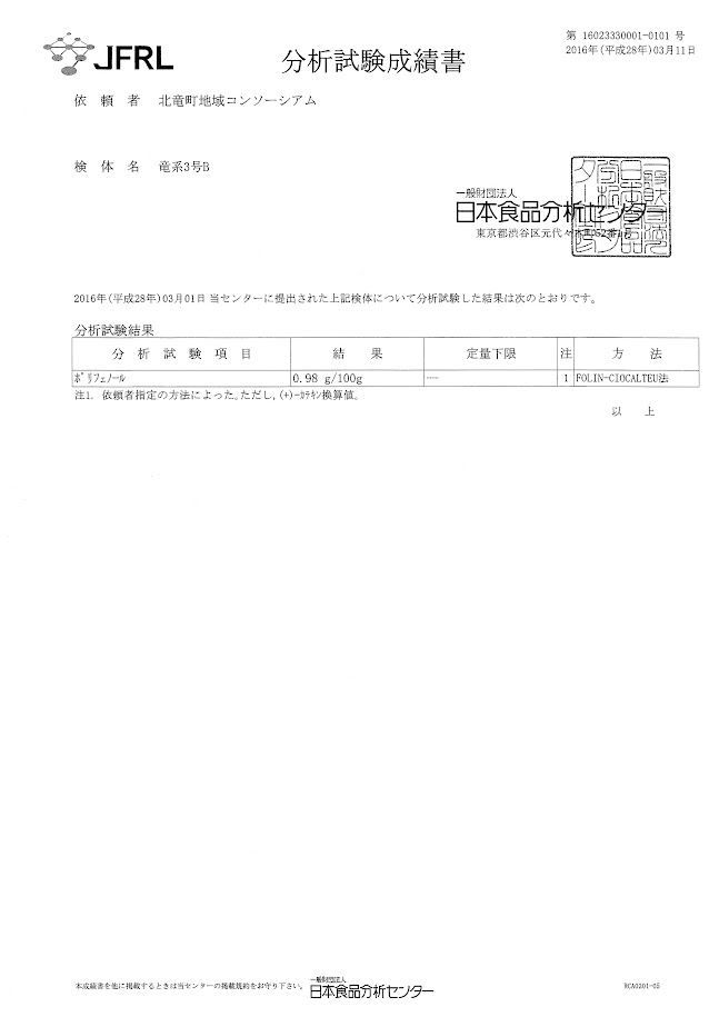 分析試験成績書・日本食品分析センター