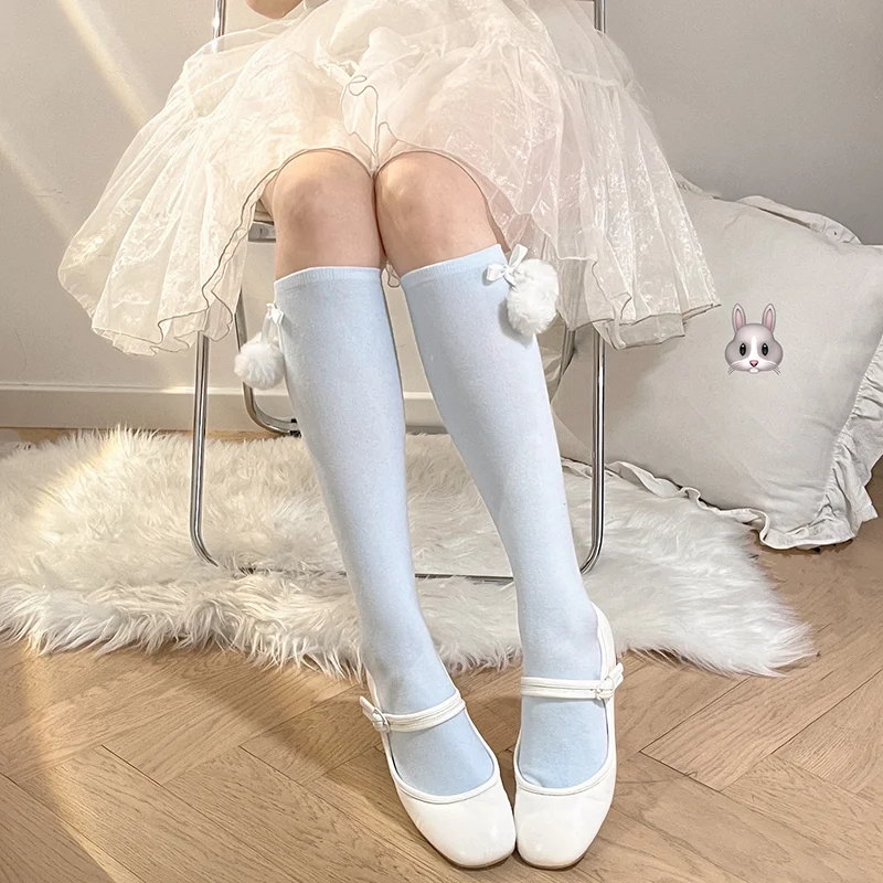 Meias femininas Lolita com laço de outono e laço de pelo