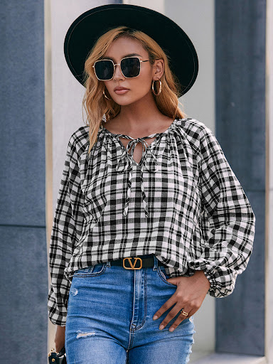 Title 6, Casual Long Sleeve Check V-Neck Tie Shirt