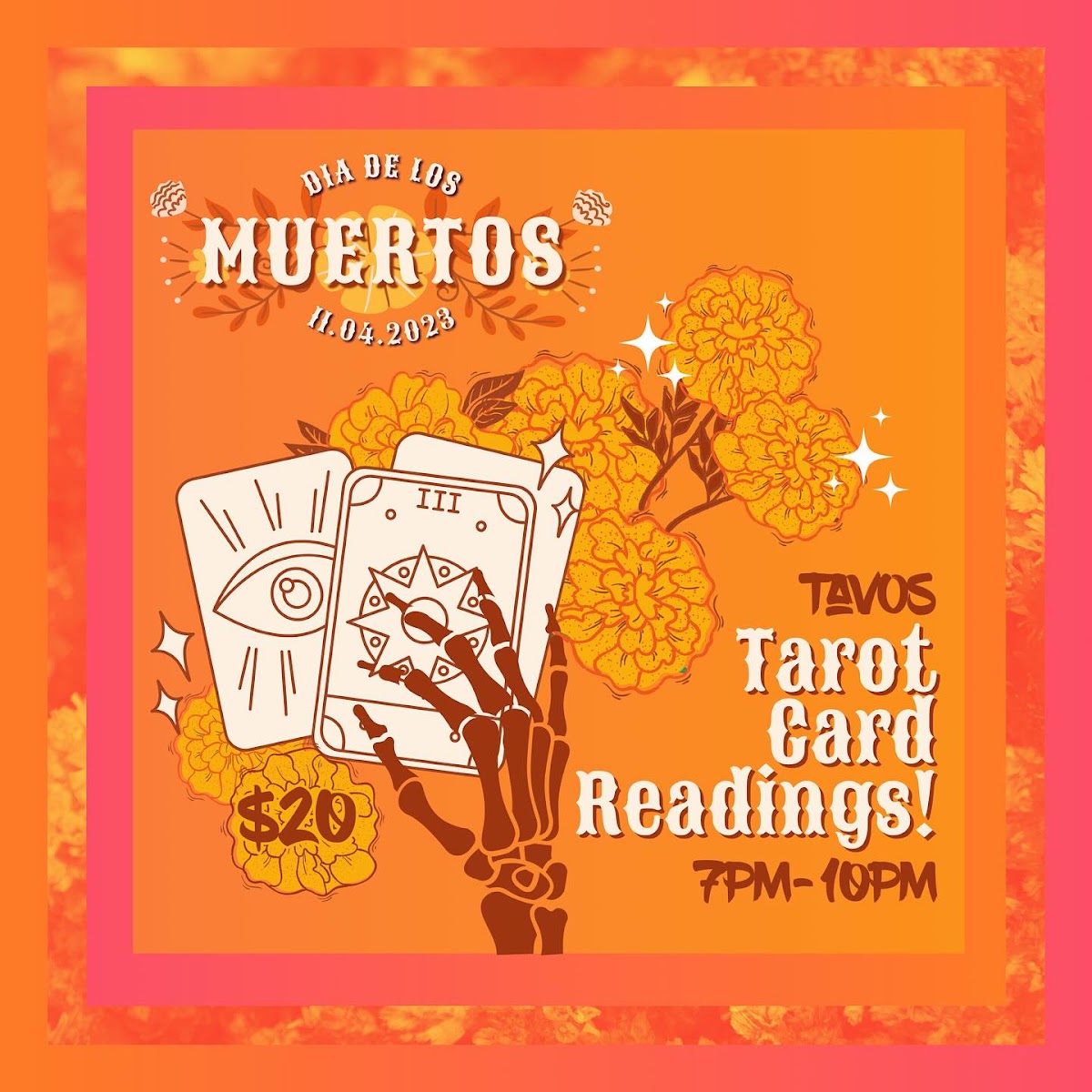During our celebration on November 4th, from 7pm to 10pm, we are offering special Tarot Card Readings – a glimpse into the spiritual world and a connection to our ancestors. 🃏✨