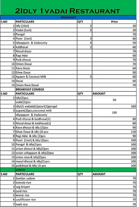 2Idly 1 Vadai Restaurant menu 