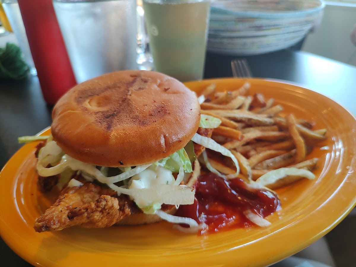 GF buttermilk chicken on a GF bun with GF fries!