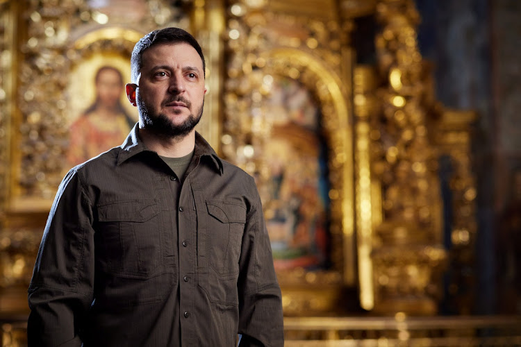 Ukraine's President Volodymyr Zelenskyy addresses Ukrainian people with Orthodox Easter message, as Russia's attack on Ukraine continues,at the Saint Sophia cathedral in Kyiv, Ukraine April 23, 2022.