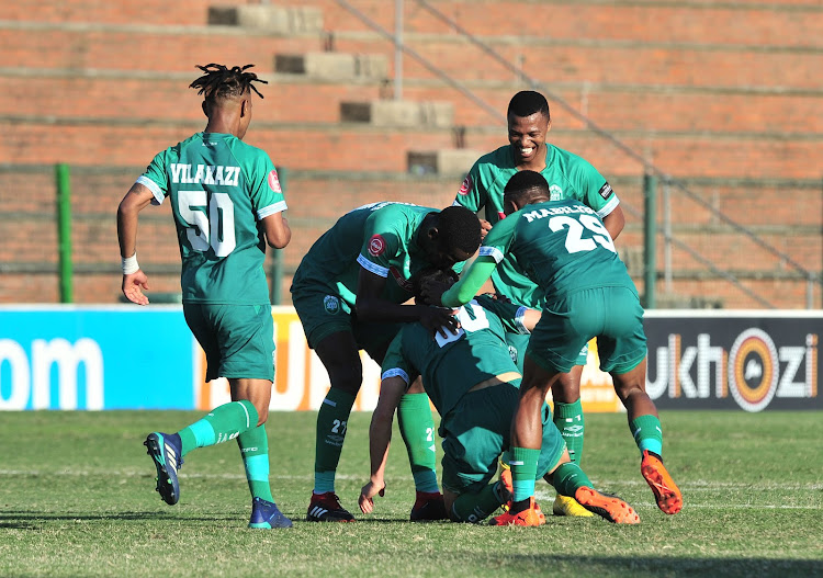 Emiliano Tade of AmaZulu celebrates goal with teammates during the Absa Premiership 2018/19 match between AmaZulu and Free State Stars at King Zwelithini Stadium, Durban on 19 August 2018.