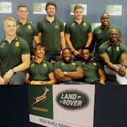 Springbok players pose for a photo on Friday 1 September 2017 after the announcement of luxury car manufacturer Land Rover as an associate sponsor and car supplier of the senior men's rugby national team up to 2020. 