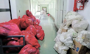 Corridors at Livingstone Hospital were filled with uncollected waste and dirty linen on Friday 