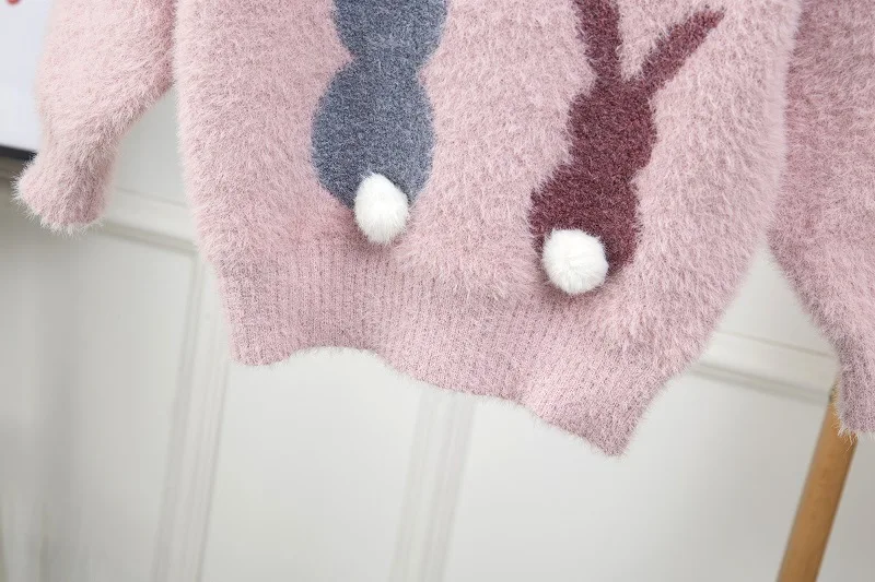 Mädchen Pullover Baby Gestrickt Mink Samt Langarm Rundhals Zwei Hasen Unterhemd Kuscheliges Winteroberteil