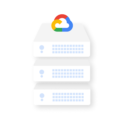 Torre de servidores de datos con el logo de Google Cloud en la parte superior