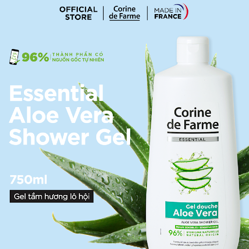 Gel tắm hương lô hội giúp phục hồi và làm dịu Corine de Farme Essential Aloe Vera Shower Gel 750ml