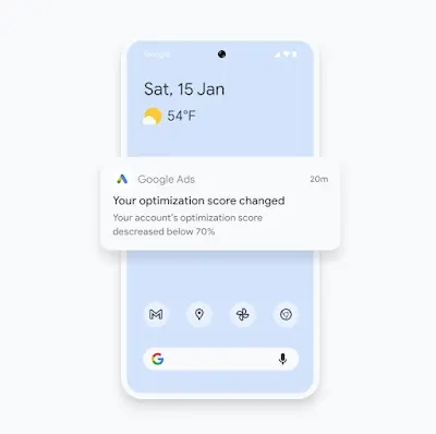 Illustration of a phone shows a Google Ads Mobile App notification about an optimization score change.