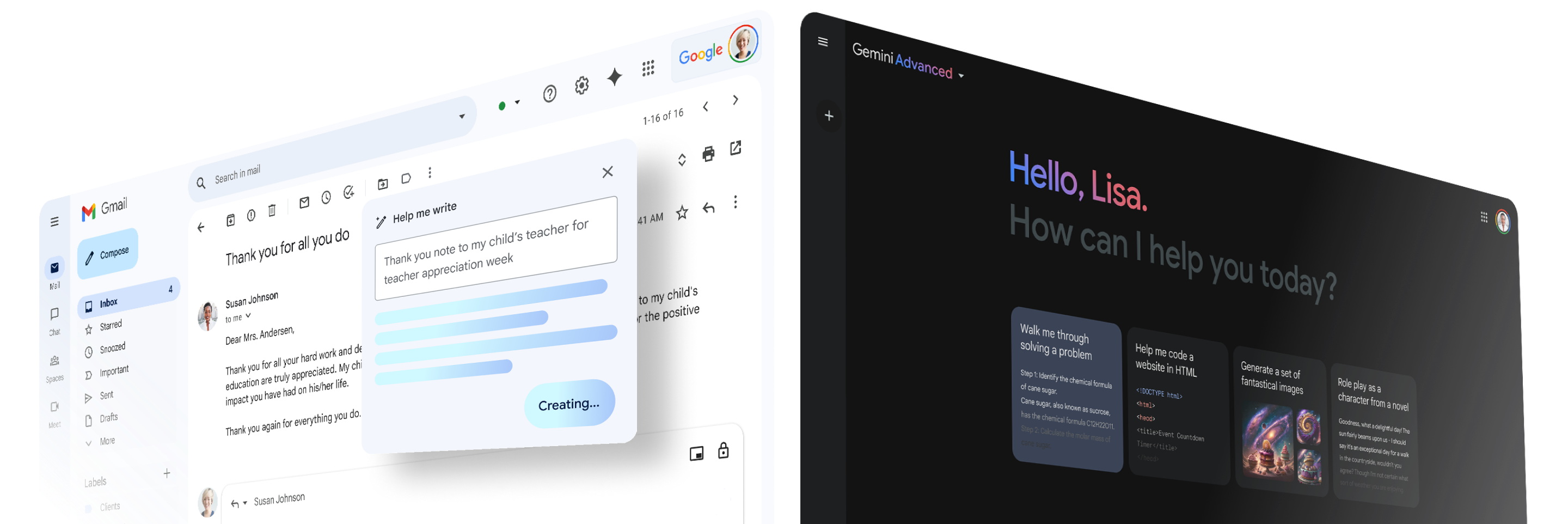 Due schermi di computer: quello a sinistra mostra Gemini utilizzato in Gmail per aiutare qualcuno a scrivere una nota di ringraziamento. Quello a destra mostra la home page di Gemini Advanced.