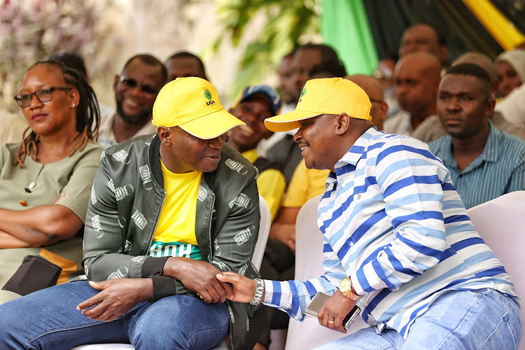 Ali Kitaka and Mutungwa Wambua at the Hustler Centre in Mombasa on Thursday.