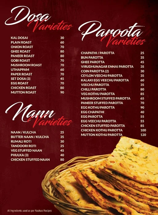 Rasikas Restaurant menu 