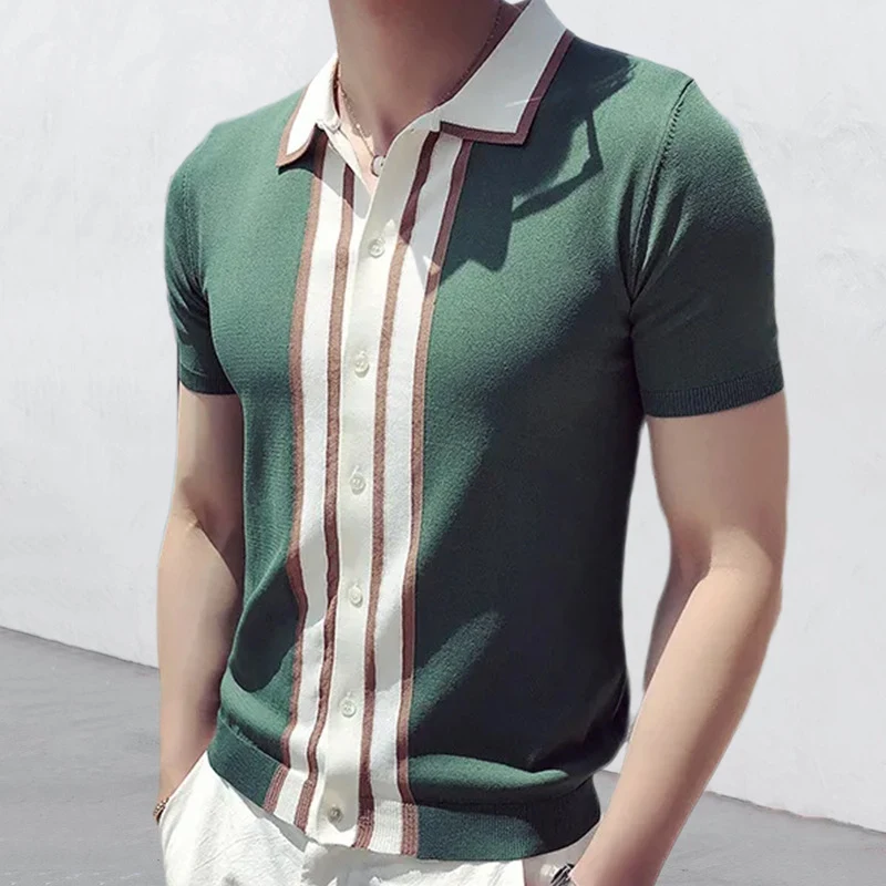 Men's Short-Sleeved Lapel Color Matching Polo Sweater Comfortable Stylish Design Perfect for Casual Wear Easy to Dress U