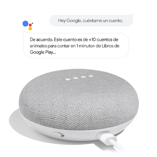 Un dispositivo Google Home con bocadillos en los que si alguien dice: "Hey Google, cuéntame un cuento.", el Asistente de Google responde: "Claro, esta es una historia sobre 'El cuervo y el zorro' de Storynory en Google Play Libros…".