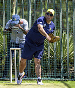 Coach Russell Domingo bowling to Vernon Philander of South Africa during the South Africa training and press conference at Bidvest Wanderers Stadium on January 11, 2017 in Johannesburg, South Africa.