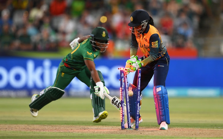 Sinalo Jafta is run out by Sri Lanka's Anushka Sanjeewani during the Proteas' three-run defeat in the World Cup opener on Friday.