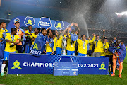 Mamelodi Sundowns players celebrates winning DStv Premiership during the DStv Premiership match between Mamelodi Sundowns and Maritzburg United at  Loftus Versfeld Stadium on May 16, 2023 in Pretoria.