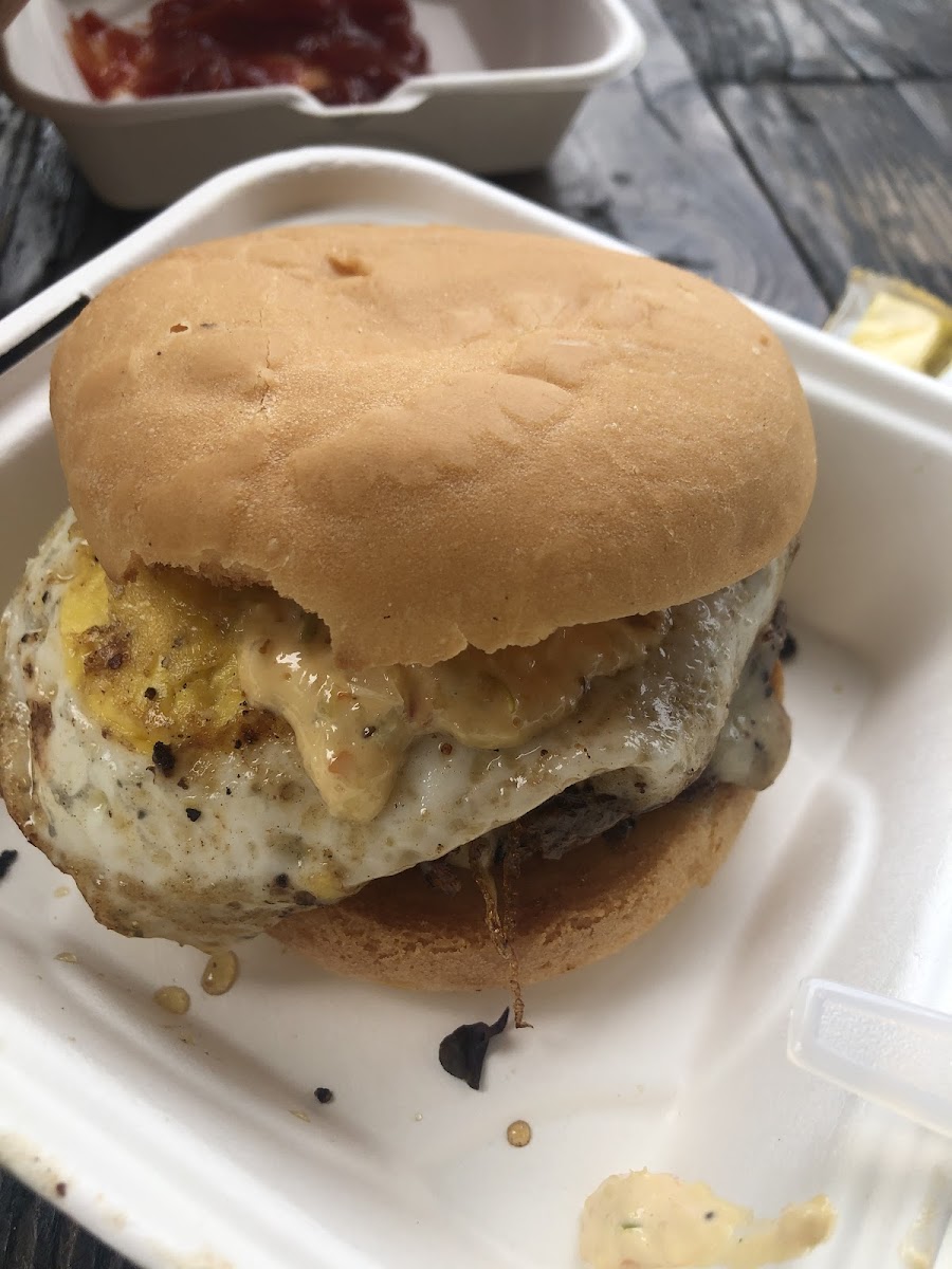 This burger was so good! Added fried egg, pepper jack cheese and their sauce. The gf bun was very soft and perfect with the burger.