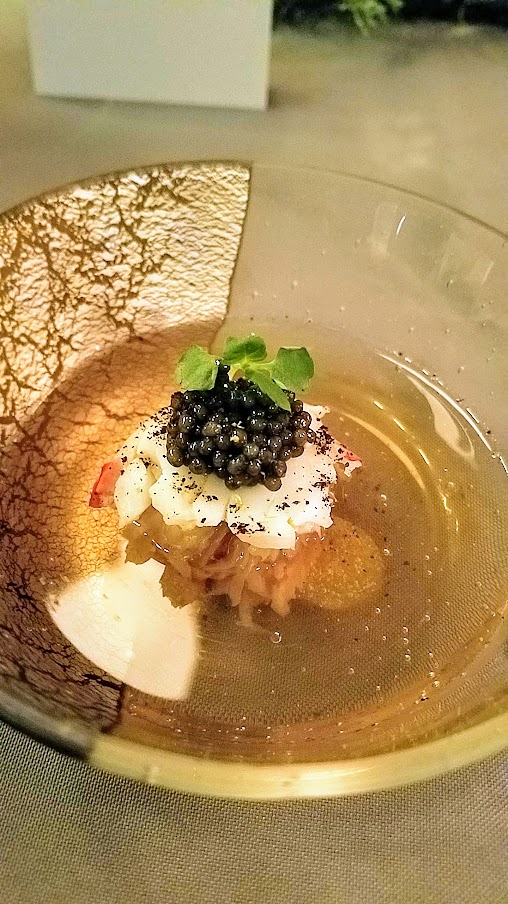 Meet the Chef Albert Adria dinner with Ataula, bowl of consomme with canadian red lobster, soy-cabbage, egg yolk, caviar, and fennel pollen paired with Bechtold, Engelberg Grand Cru Pinot Gris from Alsace France 2015