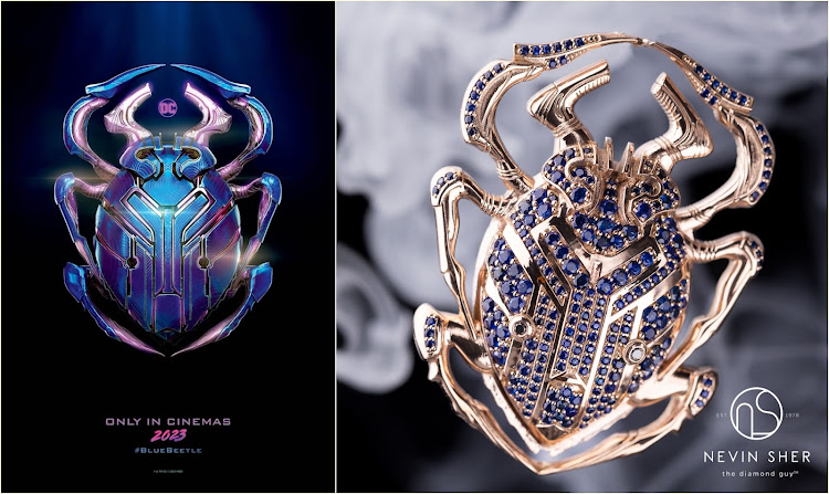 Jeweller Nevin Sher took inspiration from the 'Blue Beetle' poster (left) when creating a one-of-a-kind bejewelled collector's item (right) to celebrate the movie's release.