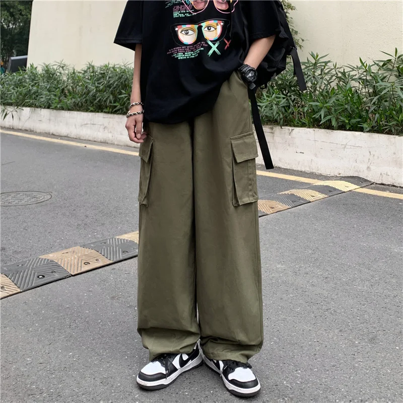 Japanse Retro Broek Heren Effen Kleur Wijde Pijpen Gewassen Katoen Overalls Rechte Losse Casual Comfortabel