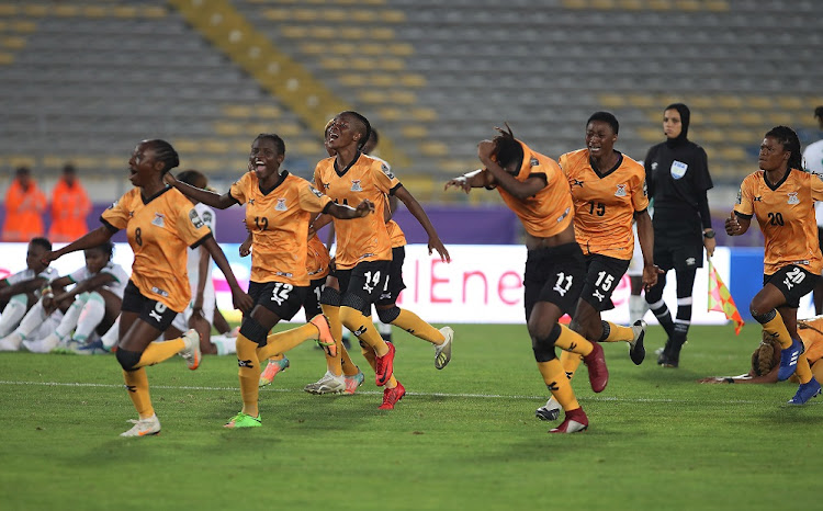 Zambia's players celebrate victory in their 2022 Women's Africa Cup of Nations quarterfinal against Senegal at Mohammed V Complex in Casablanca, Morocco on July 13 2022.