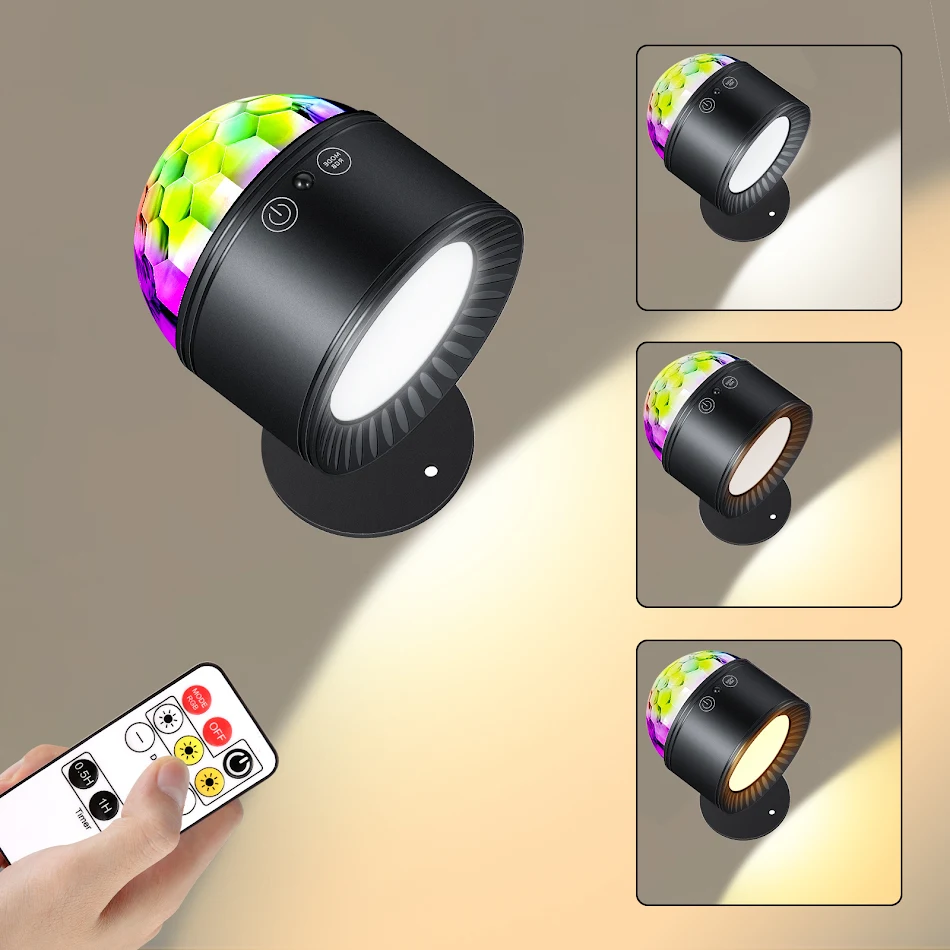 Luminária de parede criativa recarregável com controle remoto e três temperaturas de cor. Iluminação personalizável e ambiente perfeito para sua casa.