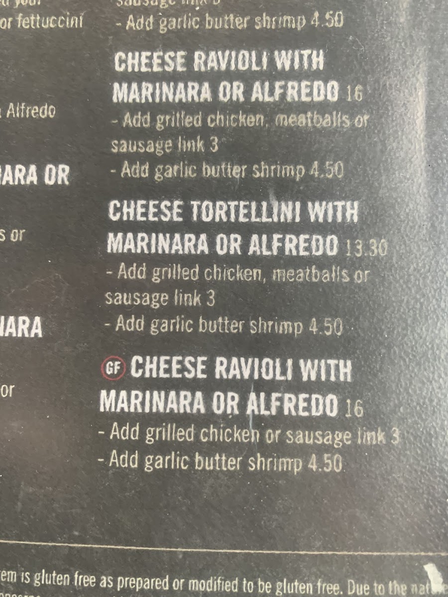 Gluten free menu