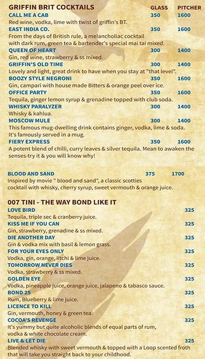 The Boozy Griffin menu 