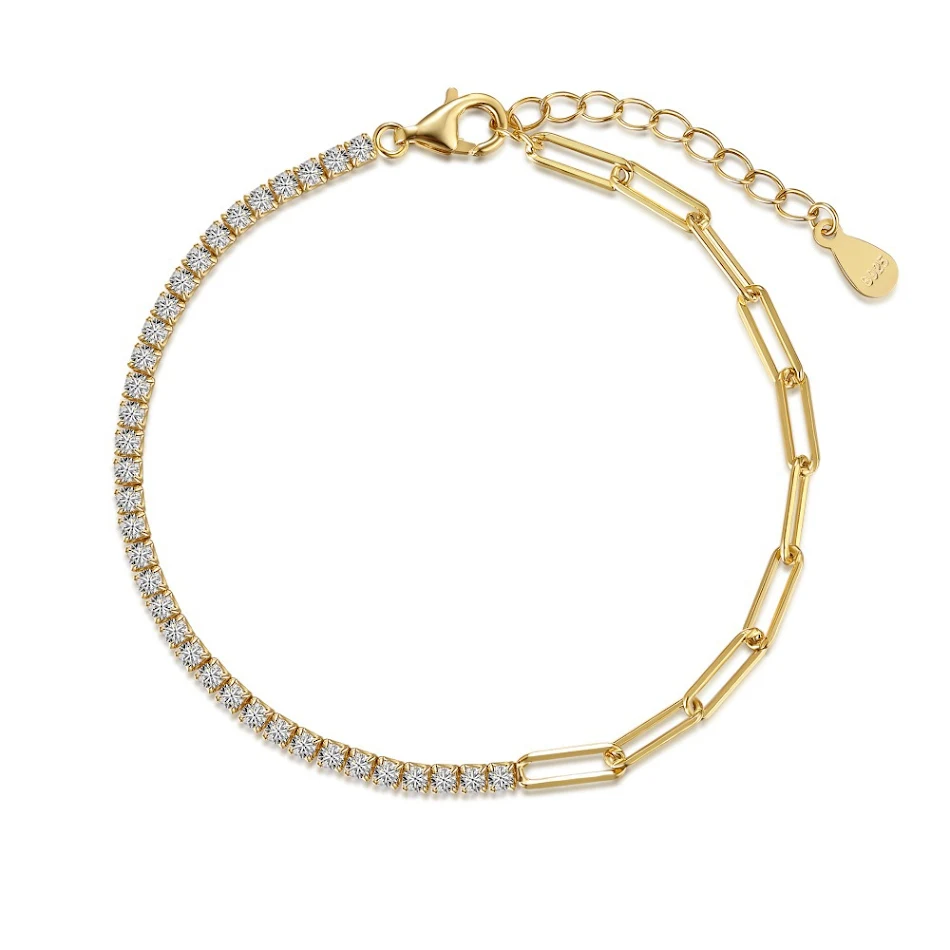 Bracelet tennis argent S925, zircons blancs ronds, design double clip, simple et tendance, pour un style élégant et intemporel, facile à porter.