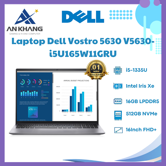 Laptop Dell Vostro V5630 - I5U165W11Gru (Intel Core I5 - 1335U | 16Gb | 512Gb | Intel Iris Xe | 16 Inch Fhd + | Win 11 | Office | Xám) - Hàng Chính Hãng - Bảo Hành 12 Tháng