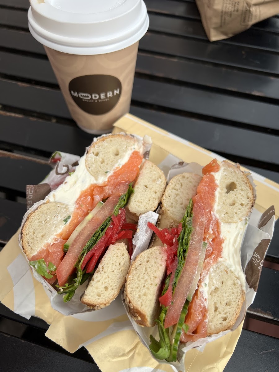 Sesame bagel with chive cream cheese, smoked salmon, arugula, pickled beets, cucumber, and tomato!