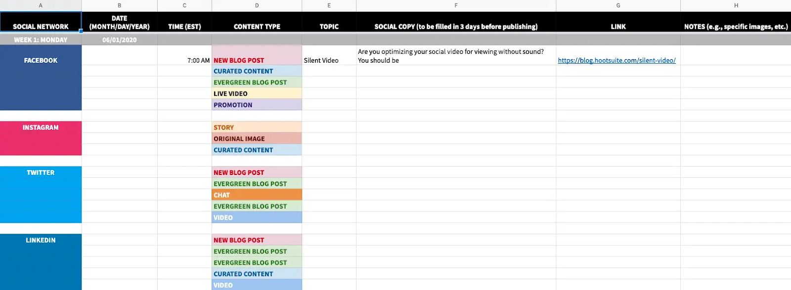 Simple social media content plan template example.