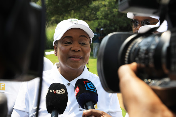 ANC treasurer-general Gwen Ramokgopa speaking to media at the presidential golf day in Mpumalanga.