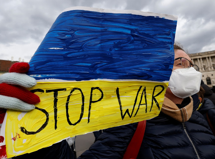 An anti-war demonstration in front of Hofburg Palace in Vienna, Austria, after Russia launched a massive military operation against Ukraine this week.