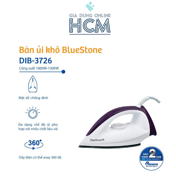 Bàn Ủi Khô Bluestone Dib - 3726 Công Suất 1300W Hàng Chính Hãng Bảo Hành 24 Tháng