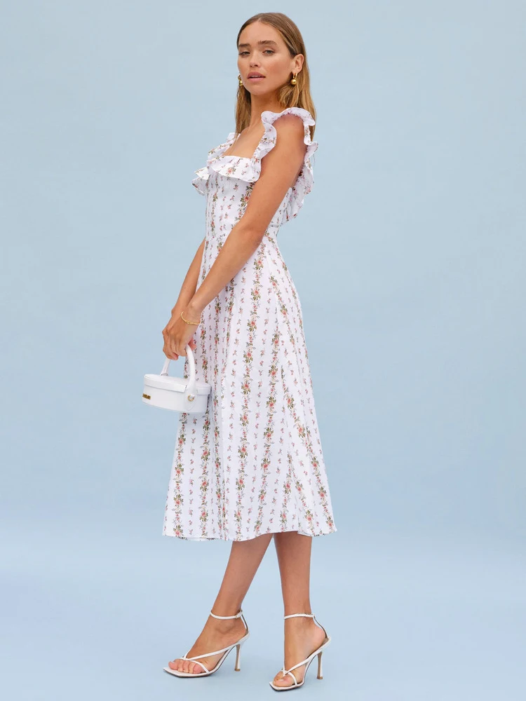 Title 5, Vestido floral sem mangas de linho com cintura ...