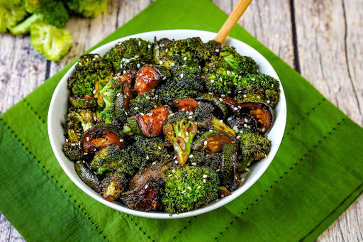 A big bowl of Chinese Style Broccoli and Zucchini Stir-Fry.