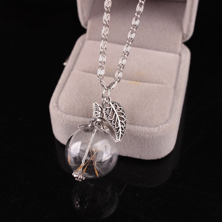 Glass cover dandelion seed leaf drift bottle pendant necklace