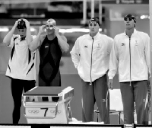 LEFT BEHIND: SA's 4x100 freestyle relay team, from left, is Darian Townsend, Lyndon Ferns, Roland Schoeman and Ryk Neethling. Photo: Wessel Oosthuizen. 11/08/08. © Unknown.