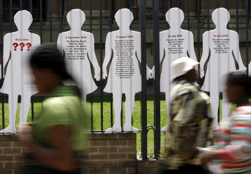 Placards voicing the concerns of rape victims outside the High Court in Johannesburg.