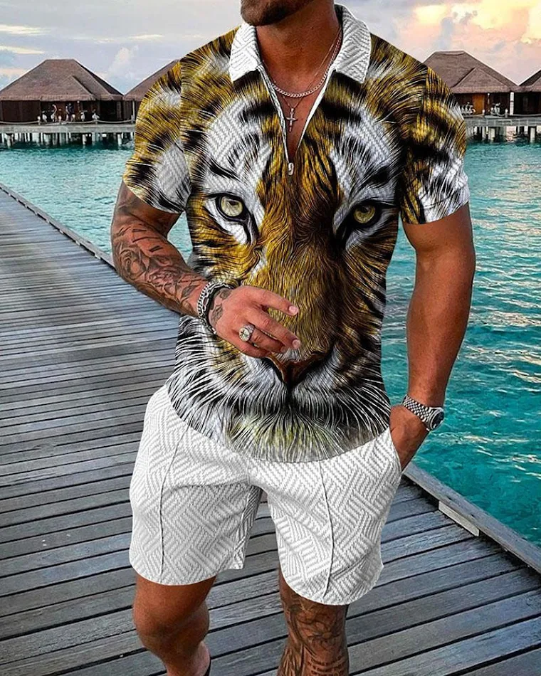 Heren rits polo shirt pak, casual, 3D-geprinte shorts, voor een stijlvolle en comfortabele look. Ideaal voor de zomer, combineert mode met relaxte comfort.